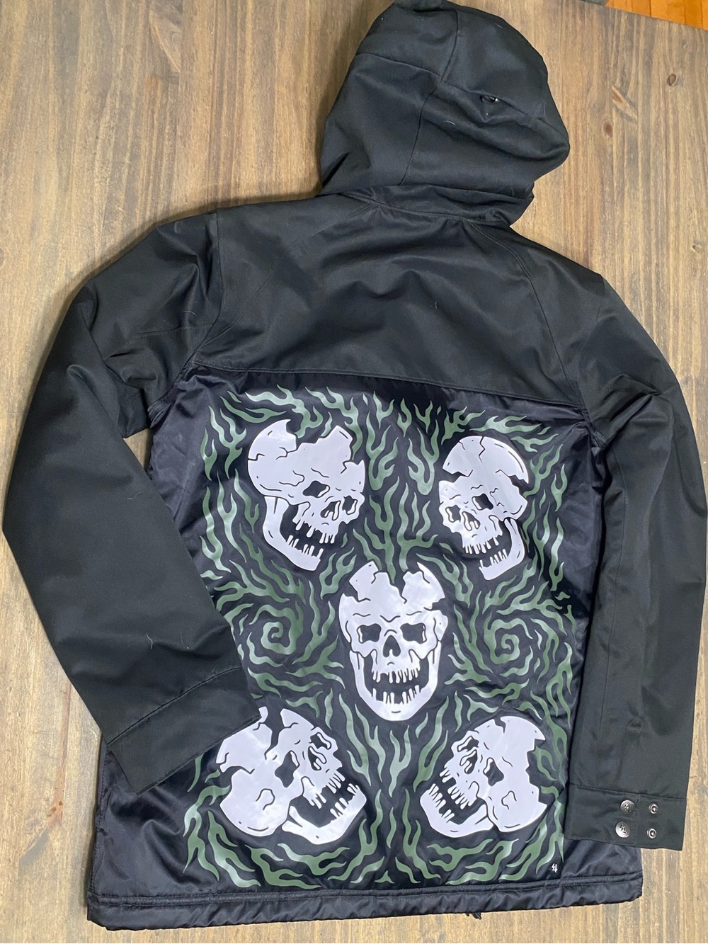 Black Ski Jacket with Green Flame & White Skull Panel